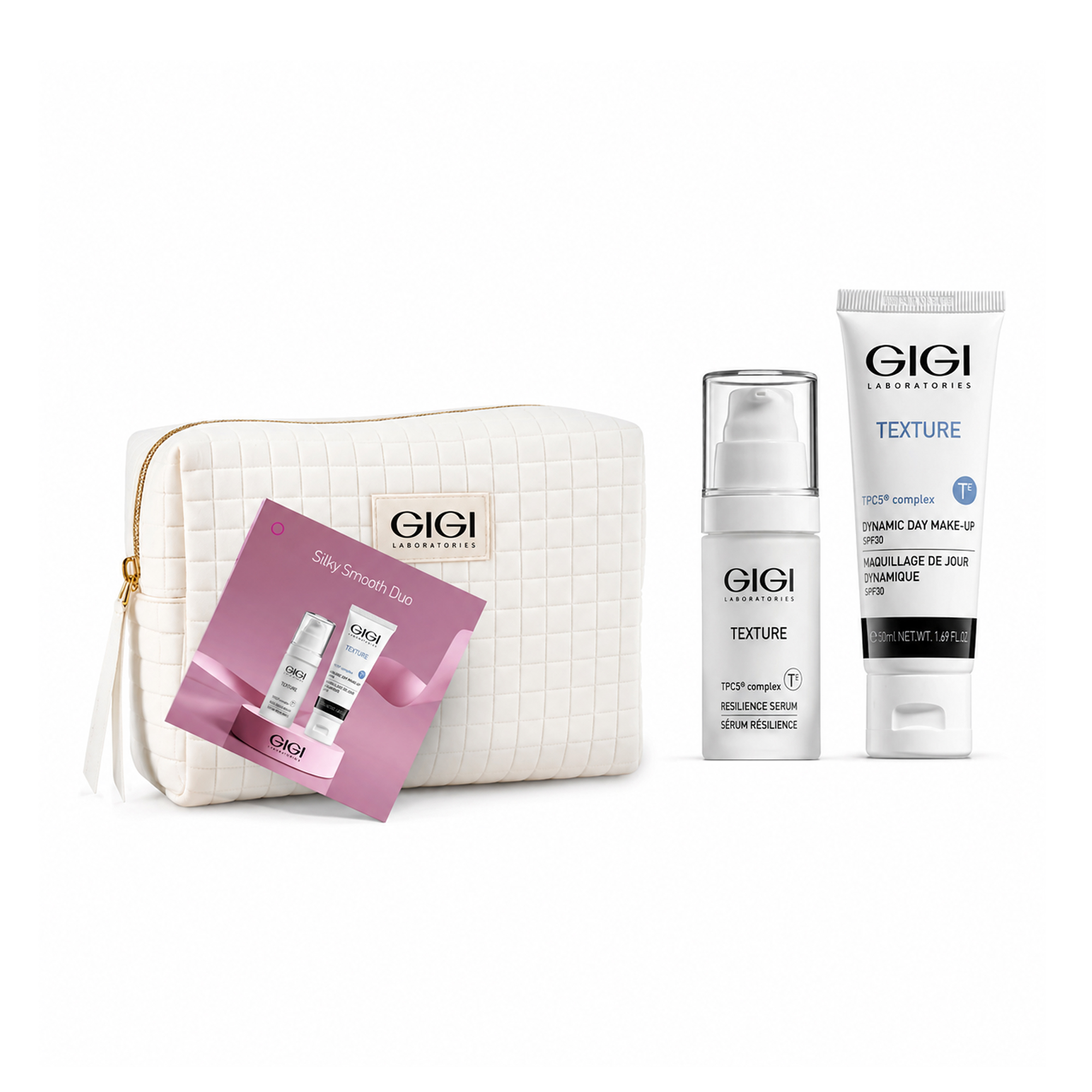 Набір для обличчя Gigi Texture Silky Smooth Duo (сироватка Resilience, 30 мл + тональний крем Dynamic Day Make-Up SPF 30, 50 мл + косметичка, 1 шт)